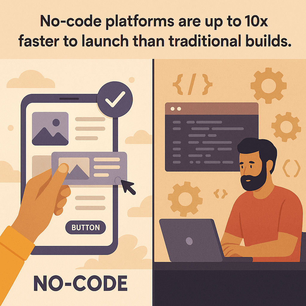 Split screen of no-code vs custom app workflows